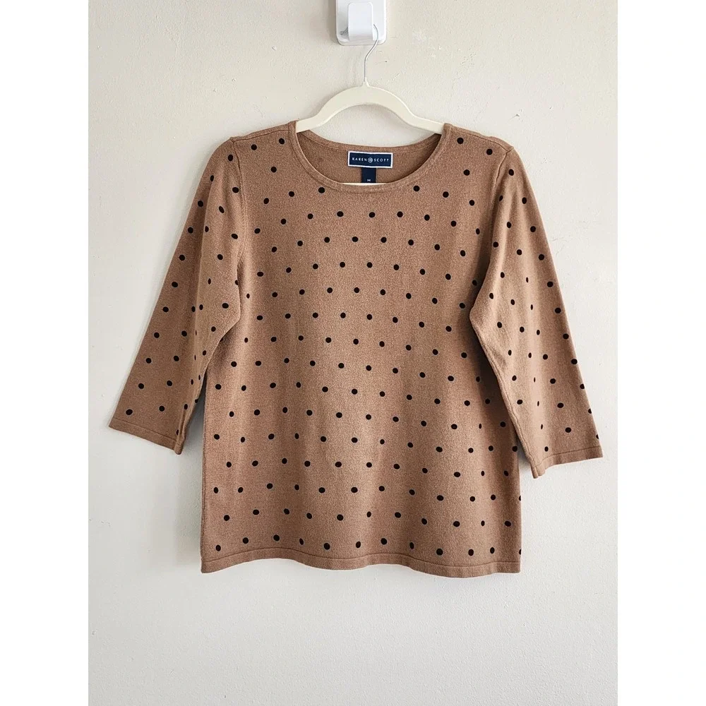 Womens Polka Dot Latte Brown Sweater Medium Classic Old Money Minimalist Chic